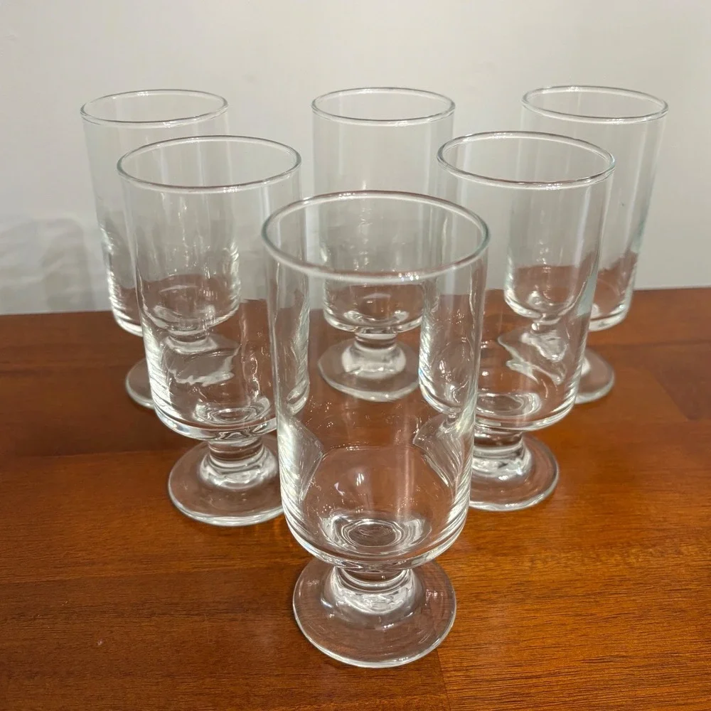 Vintage Set of 6 Clear Footed Glass Tumblers Stemmed Water Barware